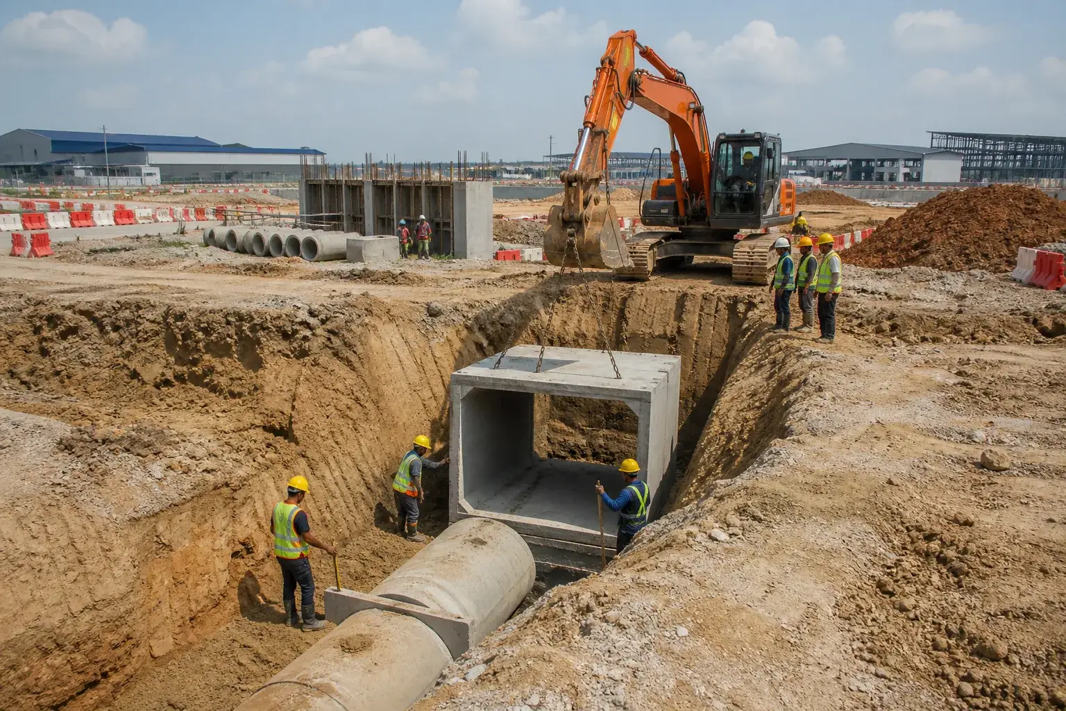 Excavator lowering a precast concrete culvert section into a trench